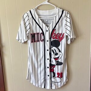 Disney White & Black Pinstripe Mickey Baseball Jersey with Red Accents